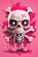 A whimsical character features a large pink skull with oversized eyes, holding a smaller skull. The background is lively with pink splashes and bones, creating a fun, striking contrast. Generative AI
