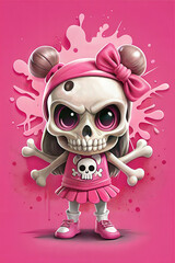 A whimsical character with a skull face, oversized eyes, and a pink bow stands confidently. The playful outfit and colorful background create a vibrant, lively atmosphere. Generative AI
