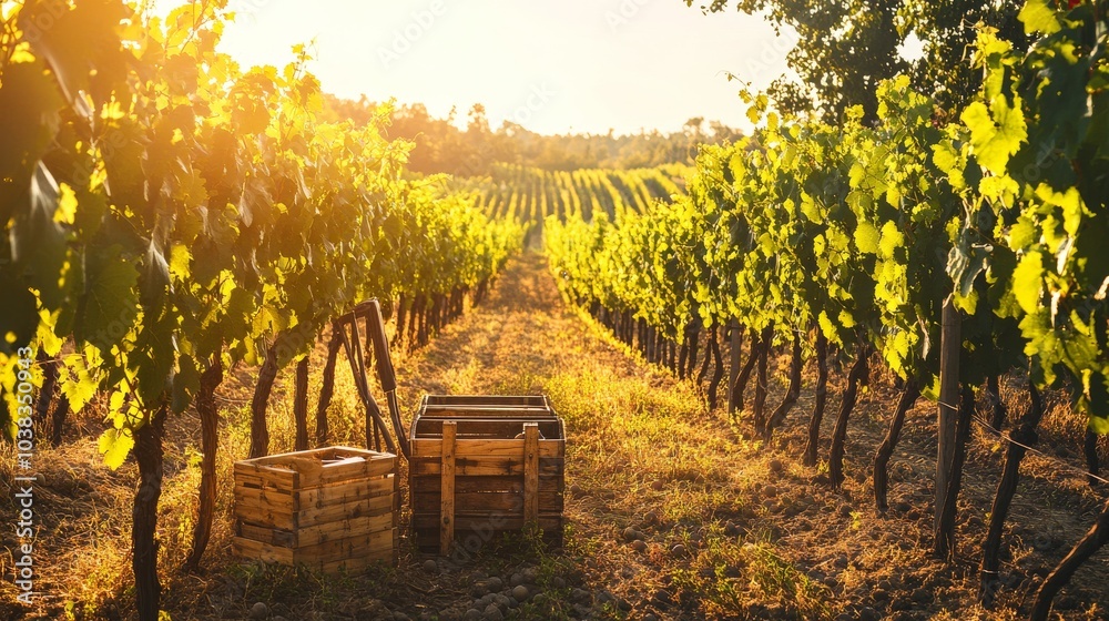 Poster a picturesque vineyard with rows of grapevines basking in afternoon sunlight, pruning shears and win
