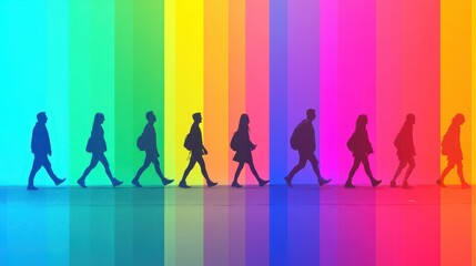 Celebrating LGBT+ Pride Month: Minimalist Silhouette of Different People Walking on Rainbow Background