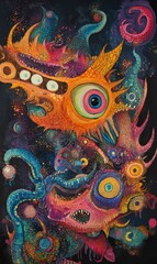 Obraz premium Abstract painting of colorful mythical creatures.