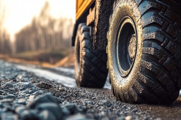 Close-up of a rugged tire on a dirt road surrounded by nature.