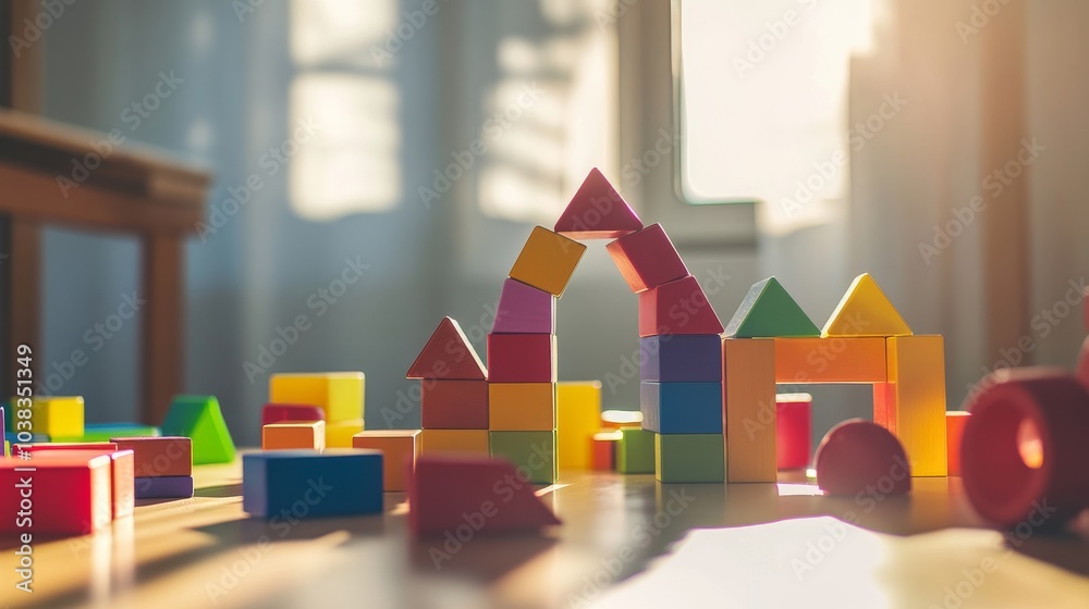 Poster a playful block-building scene in a sunlit room, colorful blocks arranged in imaginative structures,
