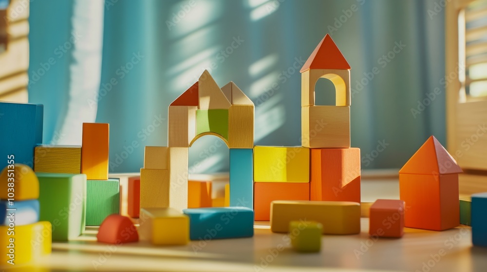 Poster a playful block-building scene in a sunlit room, colorful blocks arranged in imaginative structures,