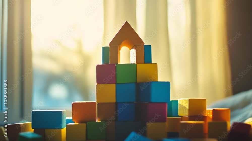 Poster a playful block-building scene in a sunlit room, colorful blocks arranged in imaginative structures,