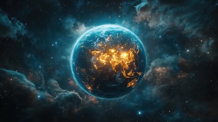 Panoramic view on planet Earth globe from space. Glowing city lights, light clouds. Generative AI