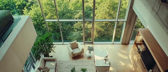 Professional Photo, Sleek and modern tower interior with a green view during the day