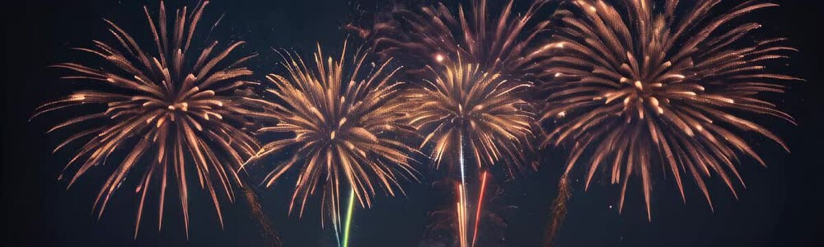 Firework display against dark background. Celebration backdrop. Colorful exploding fire show. Happy new year background. Website banner