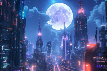 Obraz premium A cityscape with a large moon in the sky