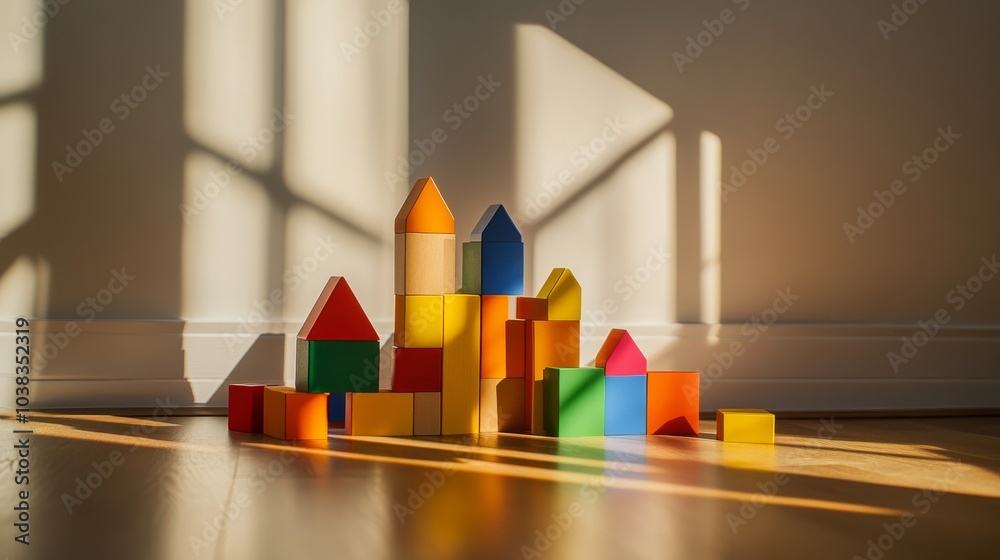 Aufkleber a playful building blocks setup in a sunlit room, colorful blocks arranged in creative patterns, mod