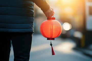 Person holding red lantern in sunset light on street