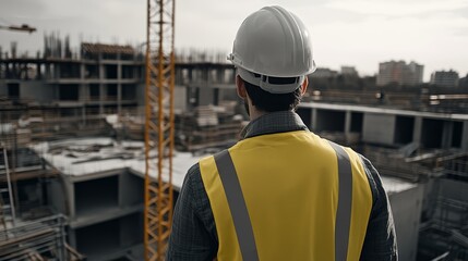 Male construction worker in hard hat observes bustling construction site.