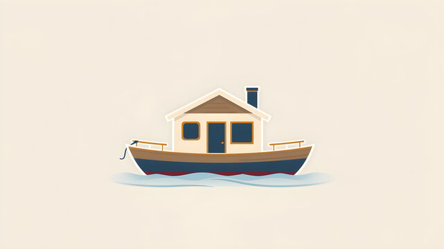 house boat floating on water, simple style clip art preview
