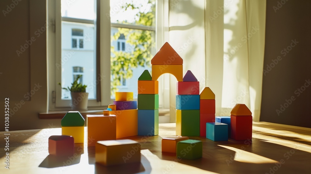 Poster A playful building blocks setup in a sunlit room, Colorful blocks arranged in creative patterns, Modern playful style
