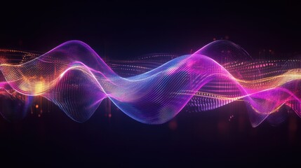 Fototapeta premium Abstract Glowing Purple and Orange Wave with Dots on Dark Background - Futuristic Technology and Digital Art Concept.