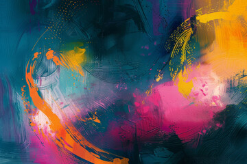 Obraz premium A painting with splatters of blue, yellow, and pink
