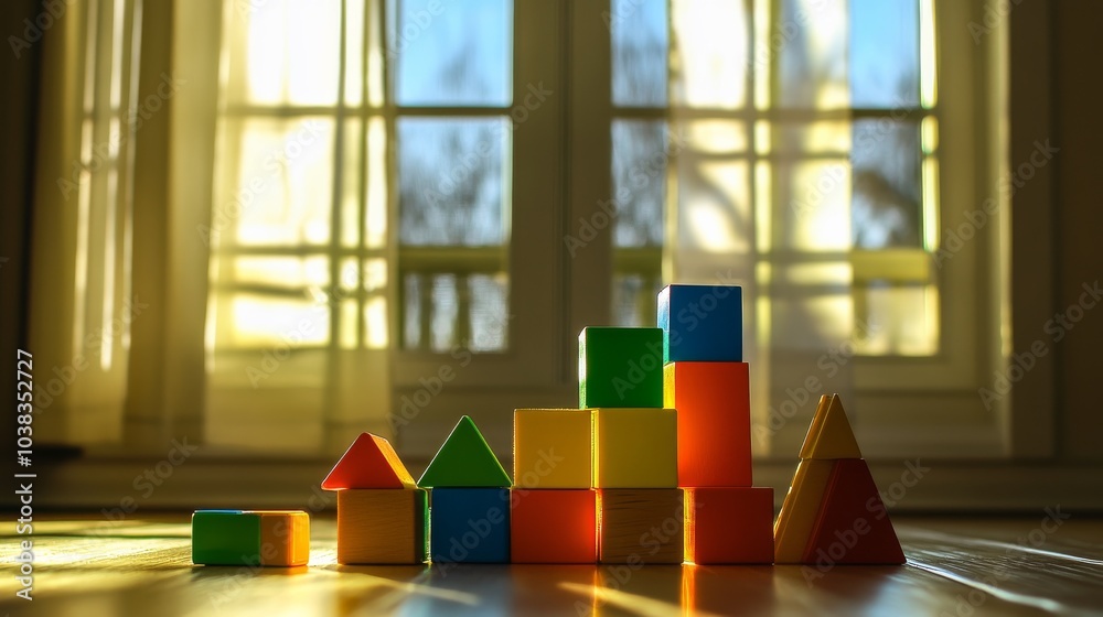 Poster A playful building blocks setup in a sunlit room, Colorful blocks arranged in creative patterns, Modern playful style
