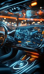 Futuristic car interior with glowing dashboard.