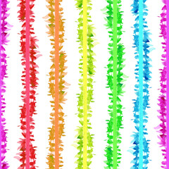 Hand drawn watercolor seamless pattern with colorful brush strokes. Hippie print with rainbow vertical stripes on white background.