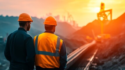 Two male construction workers in hard hats observing a sunset at a mining site.