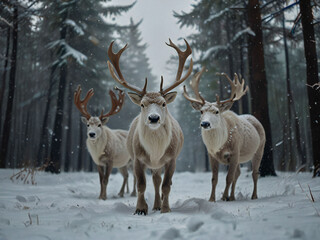 Reindeer running through the snow