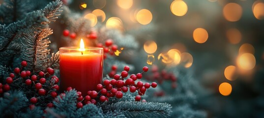 Christmas red berries and candles with green tree branches on a fuzzy background