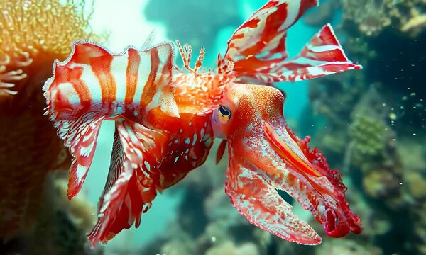 Discover the stunning beauty of a vibrant red cuttlefish gracefully swimming through a colorful coral reef, showcasing the diversity of marine life.