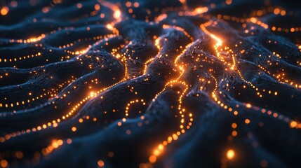 Obraz premium Abstract Dark Blue and Orange Swirling Texture with Glowing Lights - 3D Render