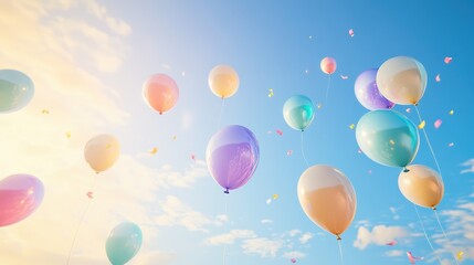 Fototapeta premium Colorful Balloons Floating in a Blue Sky with White Clouds and Confetti - Celebration, Joy, and Happiness.