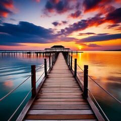 Fototapeta premium Horizons Unveiled: Pier Silhouette and Captivating Sunset Panorama Over the Sea