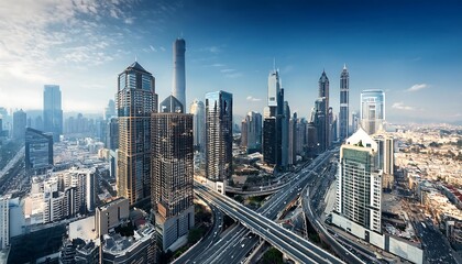 Fototapeta premium Elevated View of a Modern City with Highways and Skyscrapers