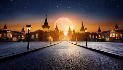 Fototapeta premium Enchanted Castle Street at dusk under a full moon on Halloween