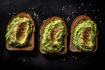 slices of whole wheat toast with creamy spread avocado black background