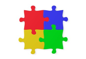 Four red, green, blue and yellow colored jigsaw puzzle pieces in white jigsaw puzzle background, brainstorming, software module or business teamwork concept