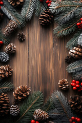 Christmas frame decoration with branches, berries and pine cones on wooden background