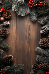 Christmas frame decoration with branches, berries and pine cones on wooden background