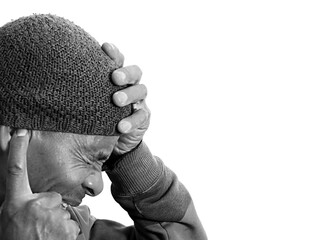deaf man suffering from deafness and hearing loss on grey background with people stock image stock...