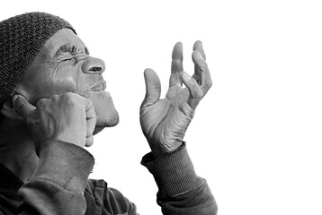 deaf man suffering from deafness and hearing loss on grey background with people stock image stock...