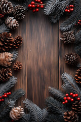 Christmas frame decoration with branches, berries and pine cones on wooden background