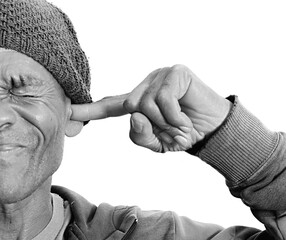 deaf man suffering from deafness and hearing loss on grey background with people stock image stock...