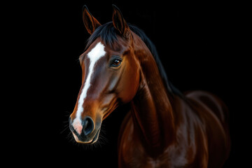 Obraz premium Portrait of a majestic dark brown horse with a striking white blaze on its face, set against a solid black background.
