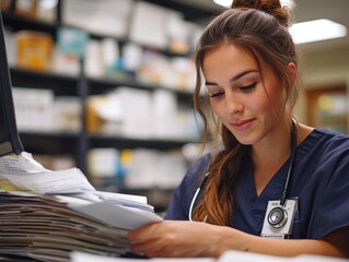 Woman in scrubs reading a book in a pharmacy office