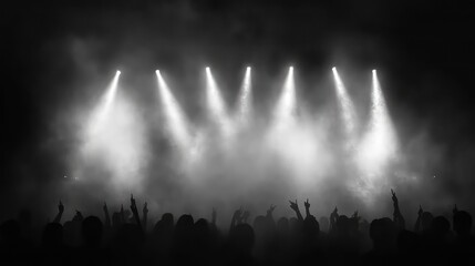 A crowd of silhouettes in the dark with stage lights and fog.