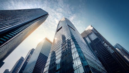 Obraz premium Skyward View of Modern Skyscrapers Against a Blue Sky