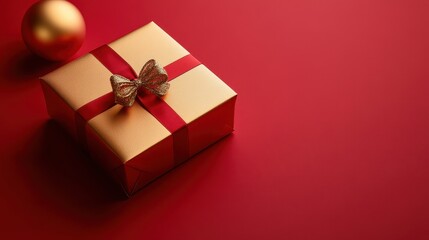 Obraz premium Christmas box and gold ornament on a red minimal background, elegant and modern, sleek composition