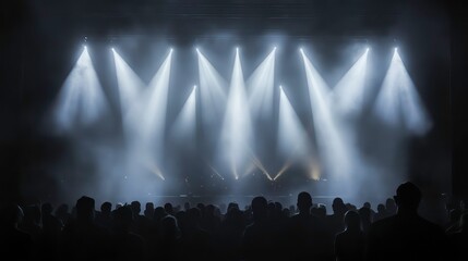 A large crowd silhouetted against the stage lights of a concert venue.