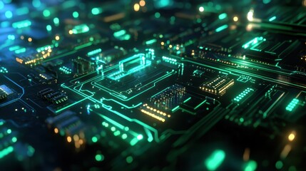 Obraz premium Abstract Futuristic Circuit Board with Glowing Green Lines and Gold Components.