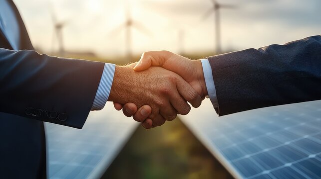 a firm handshake between business leaders with a superimposed background of solar panels and wind turbines, symbolizing a strong agreement on renewable energy initiatives