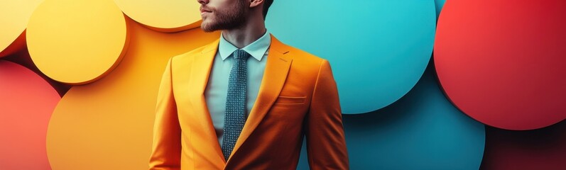 Brightly colored circles are arranged around a man in a suit