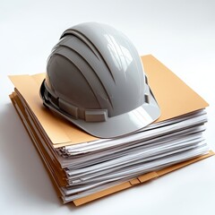 Gray hard hat resting on a stack of documents, symbolizing construction and planning.